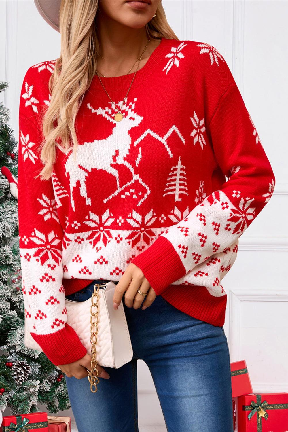 Angel Wings Deer Pattern Round Neck Long Sleeve Sweater - Clothes For Her Online Store