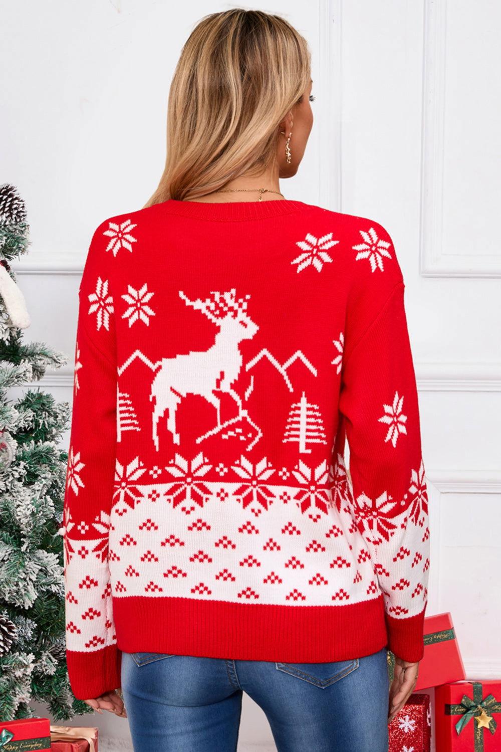 Angel Wings Deer Pattern Round Neck Long Sleeve Sweater - Clothes For Her Online Store
