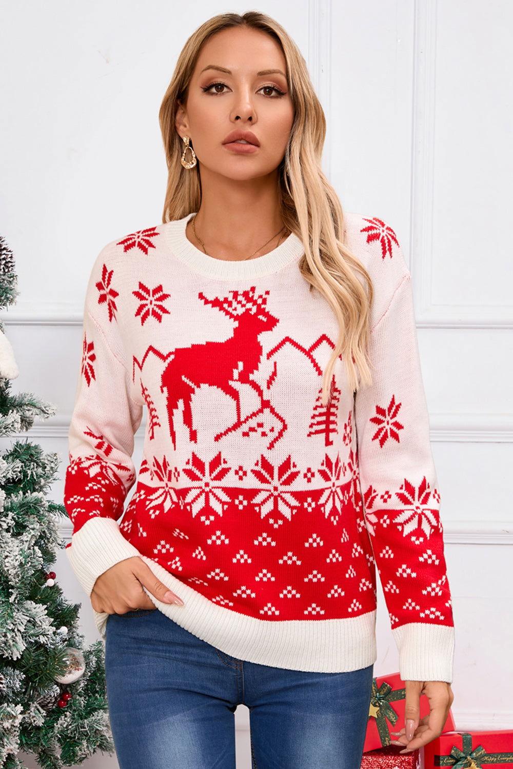 Angel Wings Deer Pattern Round Neck Long Sleeve Sweater - Clothes For Her Online Store