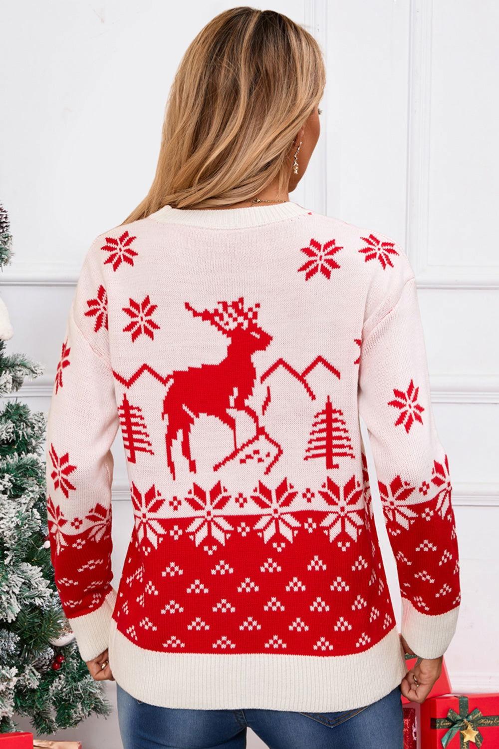 Angel Wings Deer Pattern Round Neck Long Sleeve Sweater - Clothes For Her Online Store