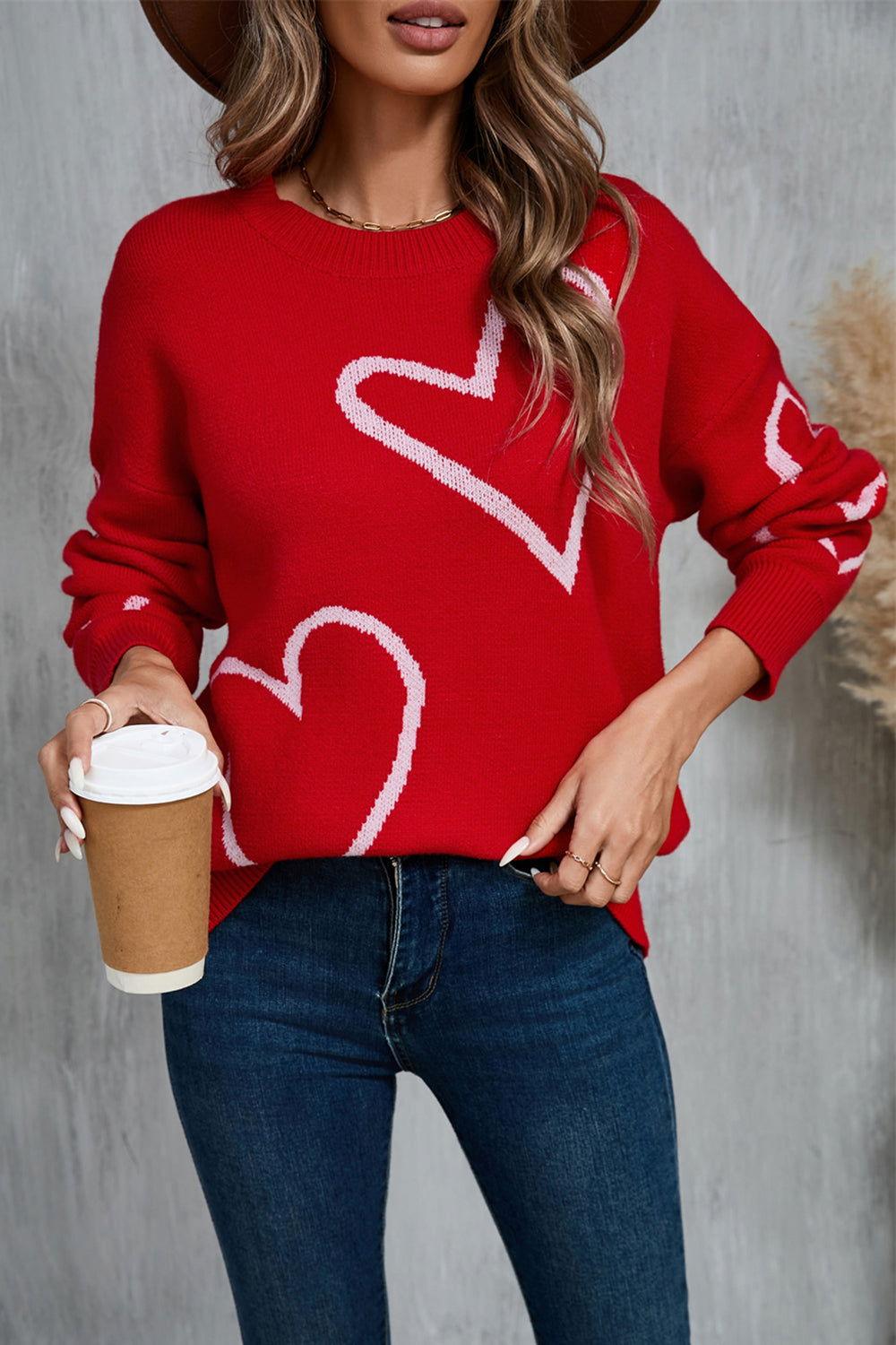 Angel Wings Heart Dropped Shoulder Long Sleeve Sweater - Clothes For Her Online Store