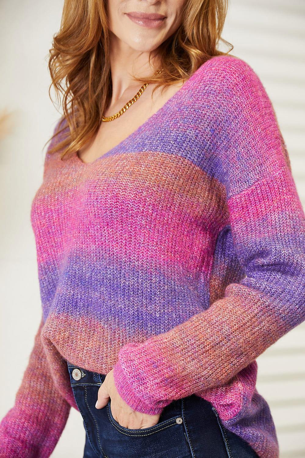 Angel Wings Multicolored Rib-Knit V-Neck Knit Pullover - Clothes For Her Online Store
