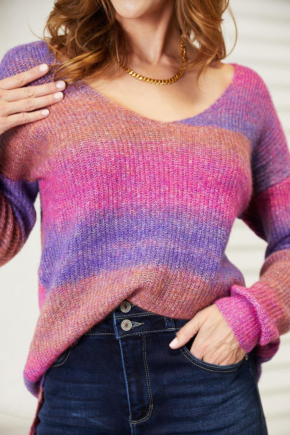Angel Wings Multicolored Rib-Knit V-Neck Knit Pullover - Clothes For Her Online Store