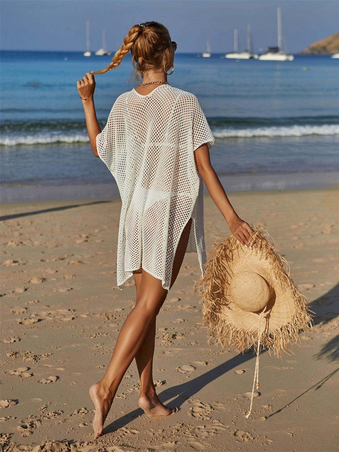 Angel Wings Openwork Flower V-Neck Short Sleeve Cover Up - Clothes For Her Online Store
