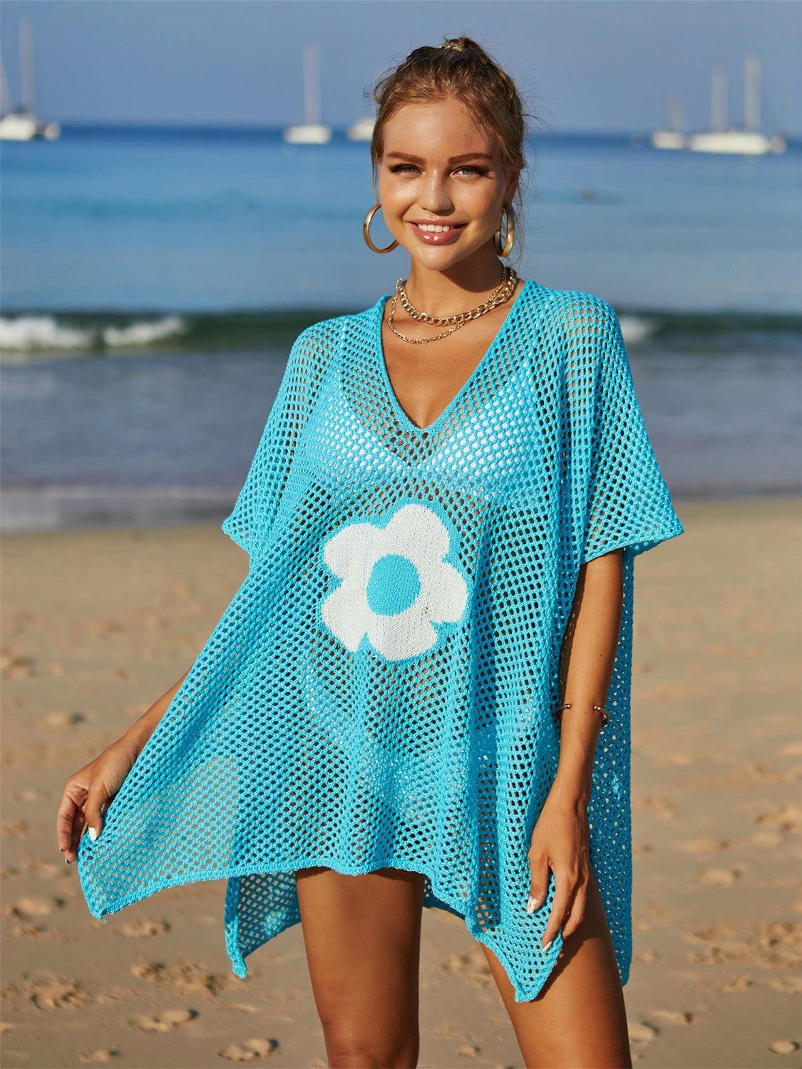 Angel Wings Openwork Flower V-Neck Short Sleeve Cover Up - Clothes For Her Online Store