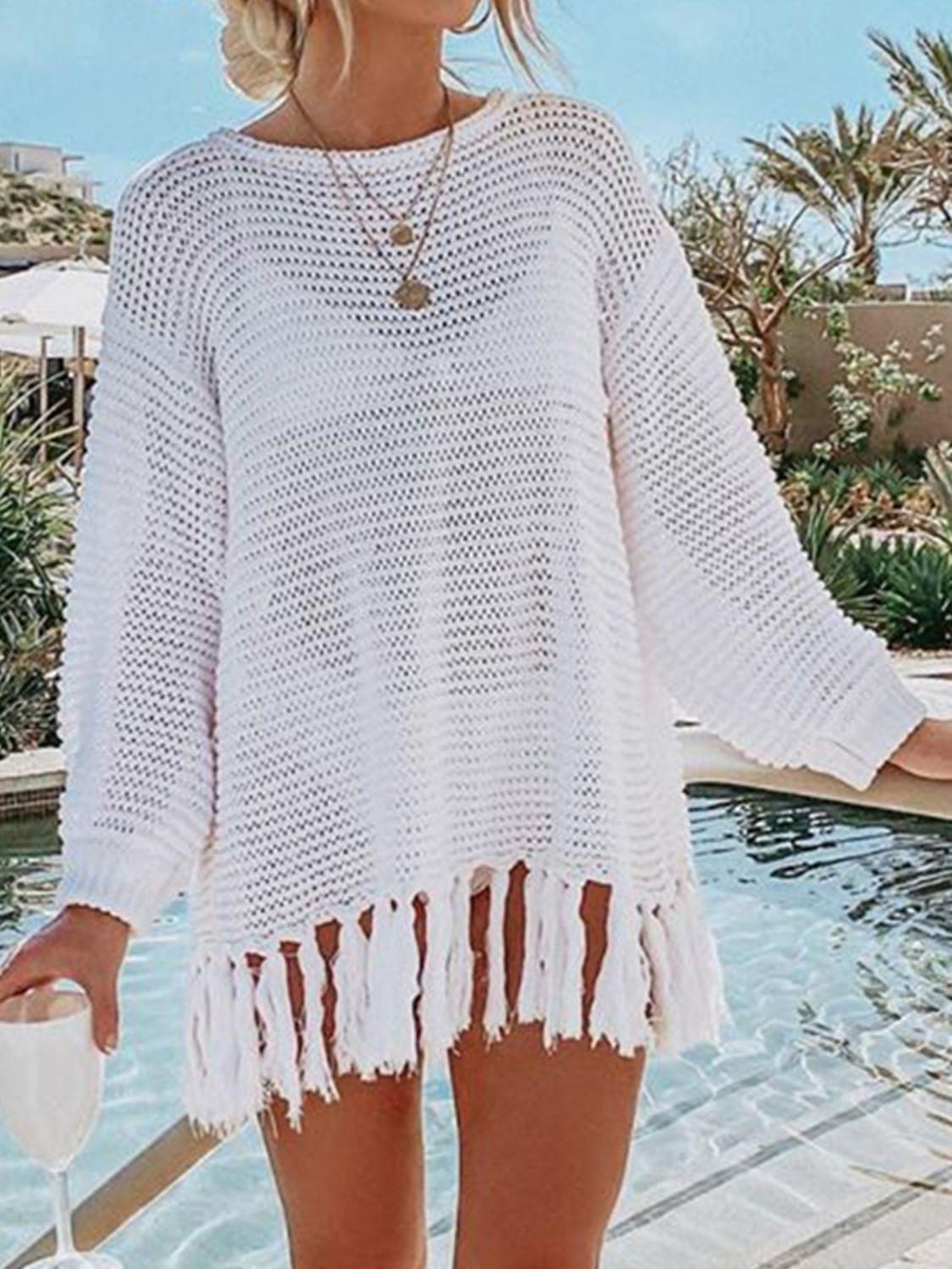 Angel Wings Openwork Tassel Hem Long Sleeve Knit Cover Up - Clothes For Her Online Store