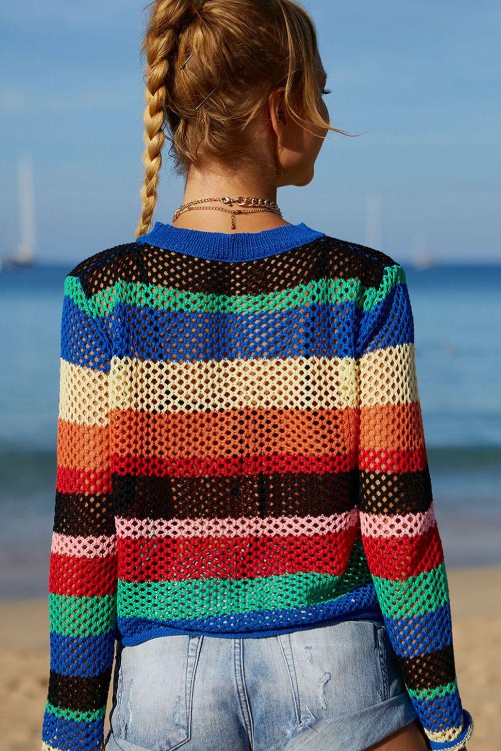 Angel Wings Rainbow Stripe Openwork Long Sleeve Cover-Up - Clothes For Her Online Store