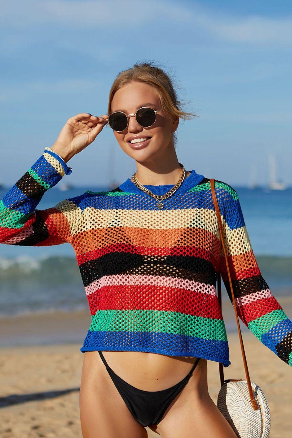 Angel Wings Rainbow Stripe Openwork Long Sleeve Cover-Up - Clothes For Her Online Store