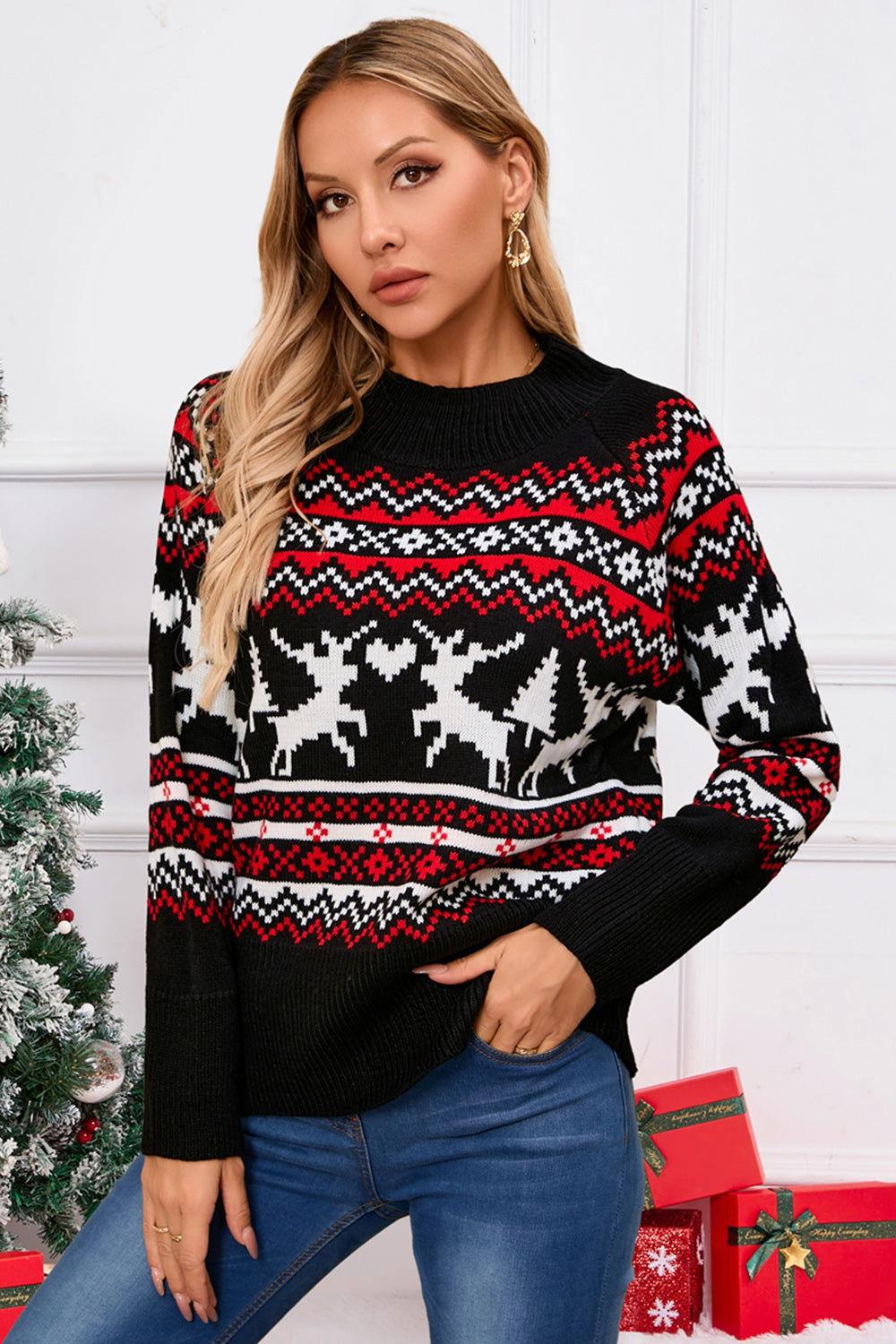Angel Wings Reindeer Round Neck Long Sleeve Sweater - Clothes For Her Online Store