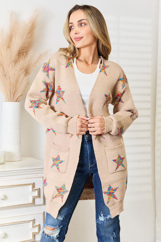 Angel Wings Star Pattern Open Front Longline Cardigan - Clothes For Her Online Store