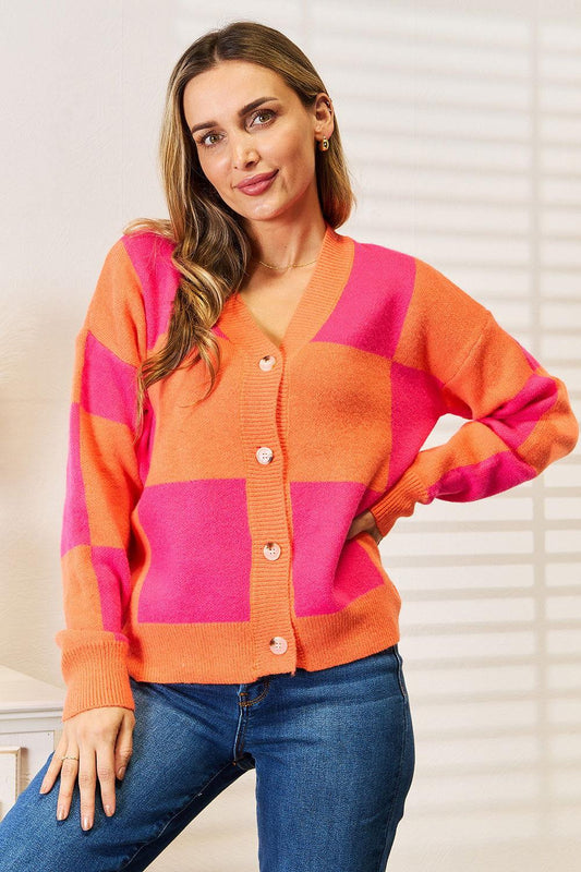 Angel Wings Woven Right Checkered V-Neck Dropped Shoulder Cardigan - Clothes For Her Online Store