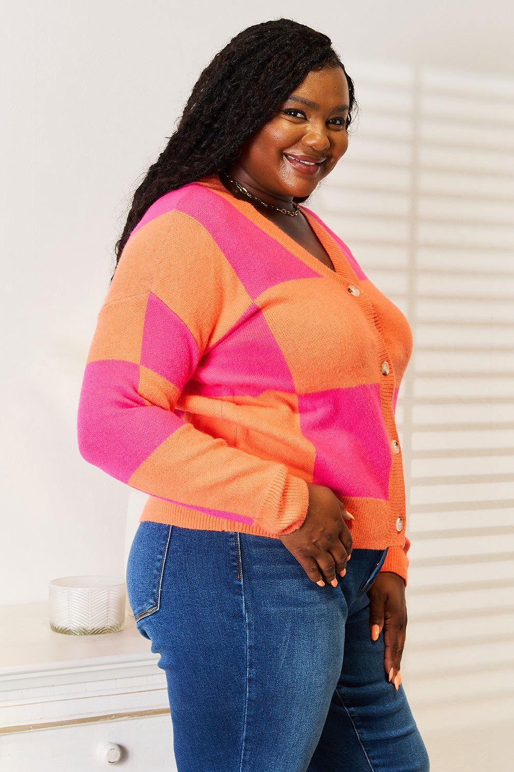 Angel Wings Woven Right Checkered V-Neck Dropped Shoulder Cardigan - Clothes For Her Online Store
