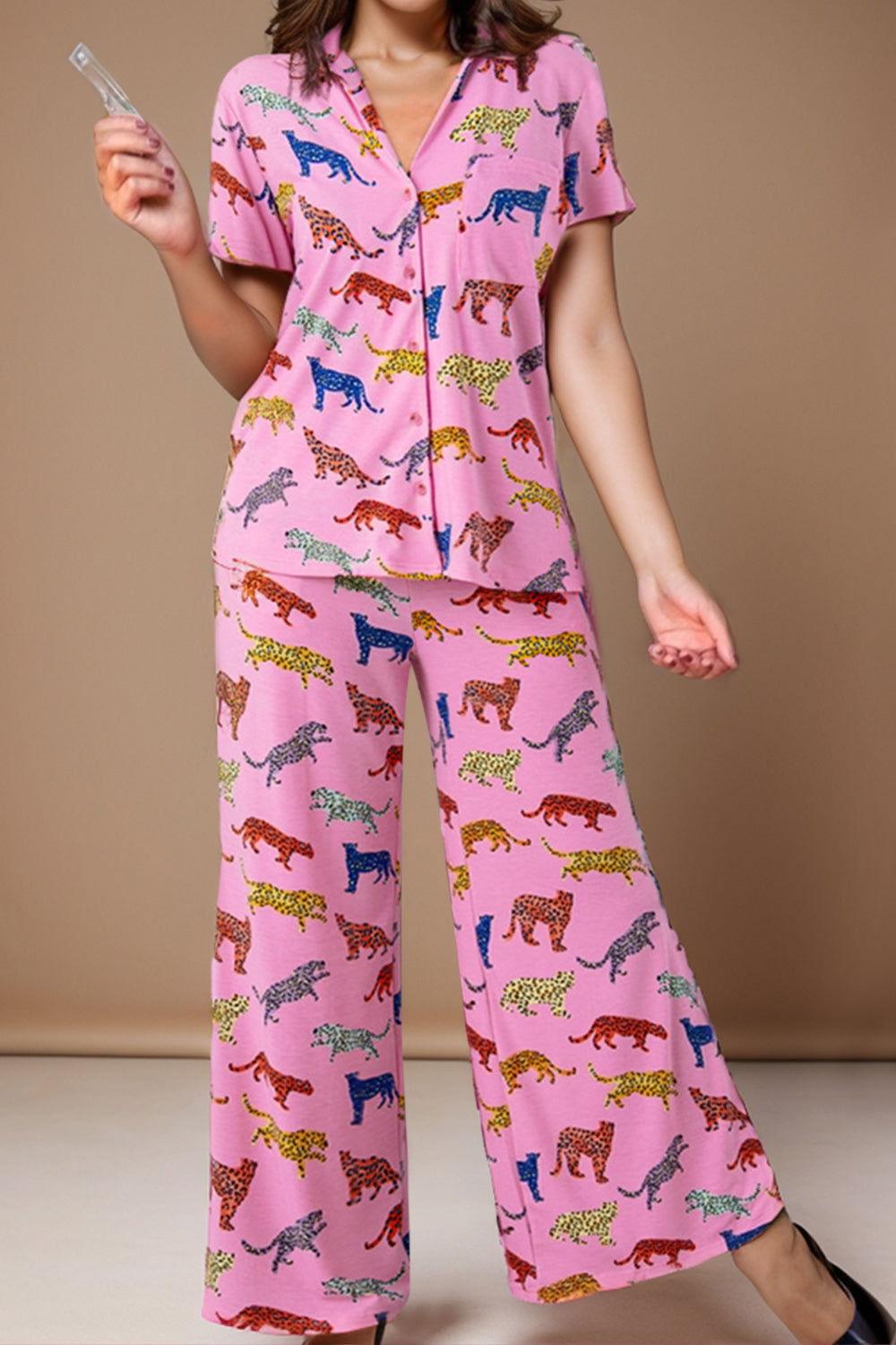 Animal Button Up Top and Pants Lounge Set - Clothes For Her Online Store