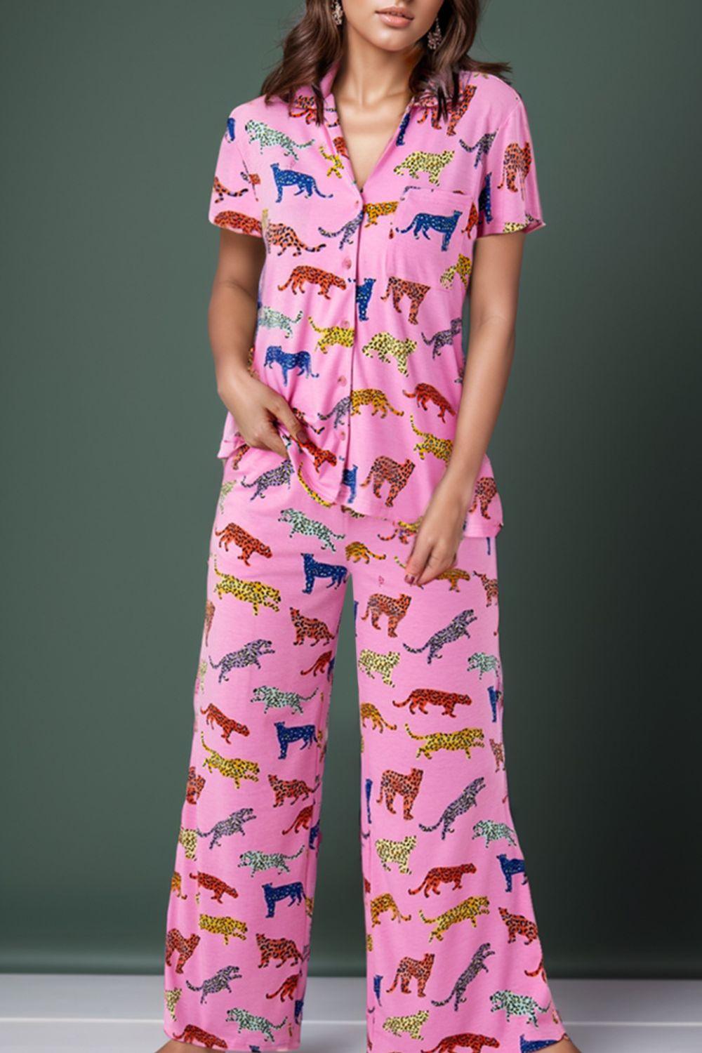 Animal Button Up Top and Pants Lounge Set - Clothes For Her Online Store