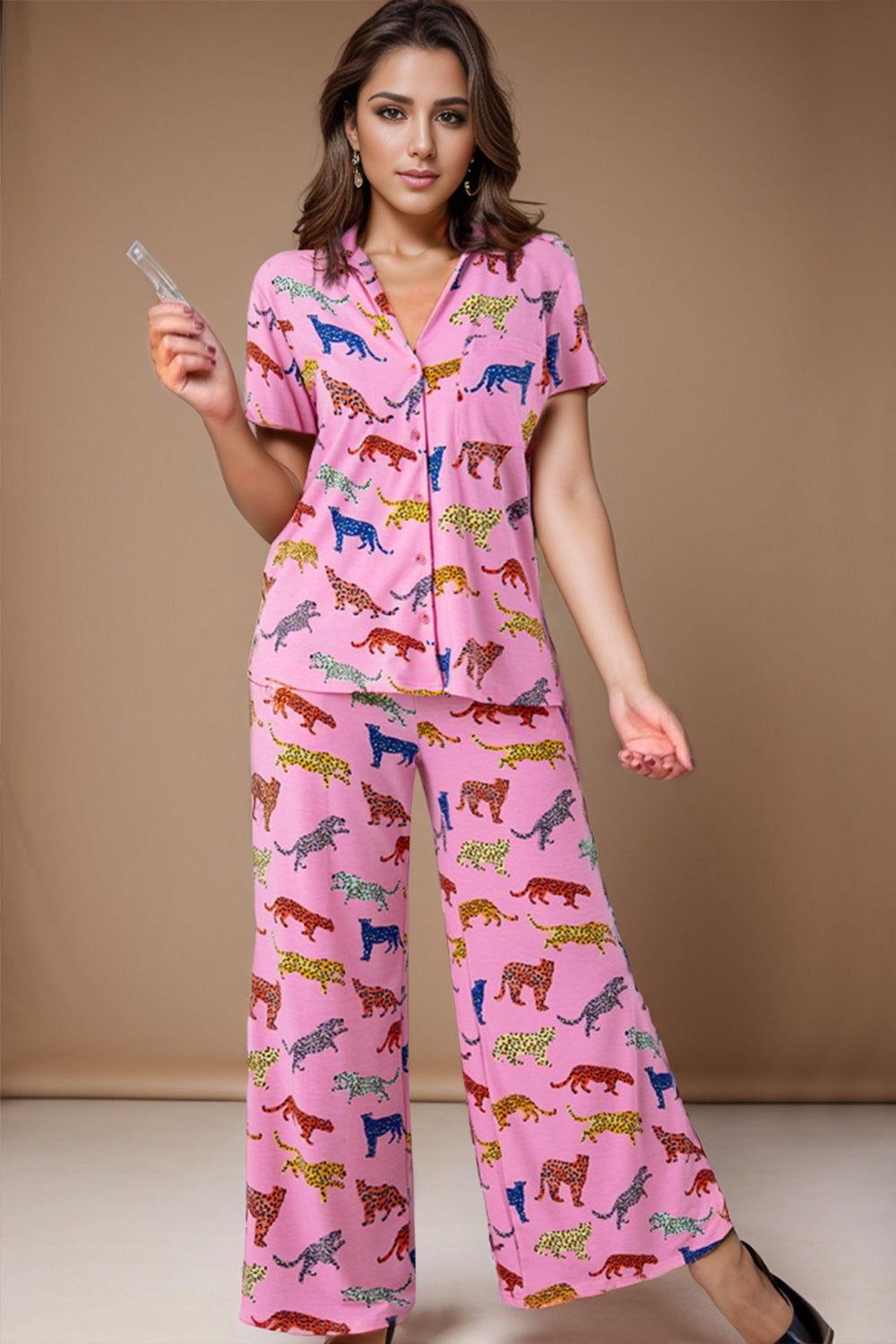 Animal Button Up Top and Pants Lounge Set - Clothes For Her Online Store