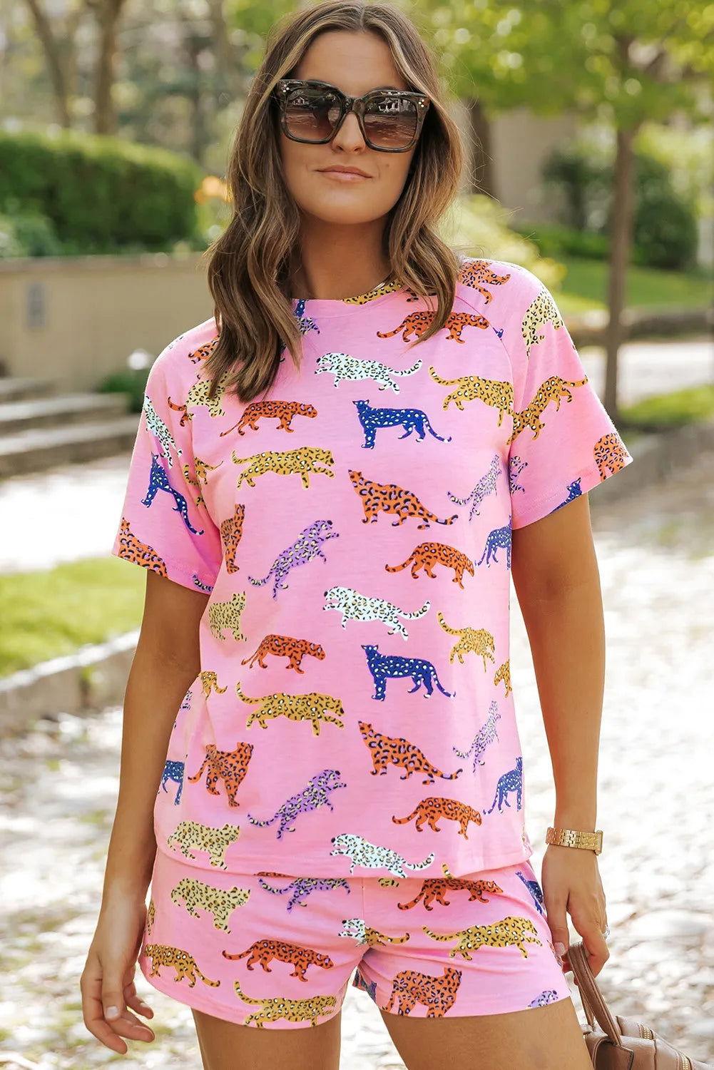 Animal Round Neck Top and Shorts Lounge Set - Clothes For Her Online Store