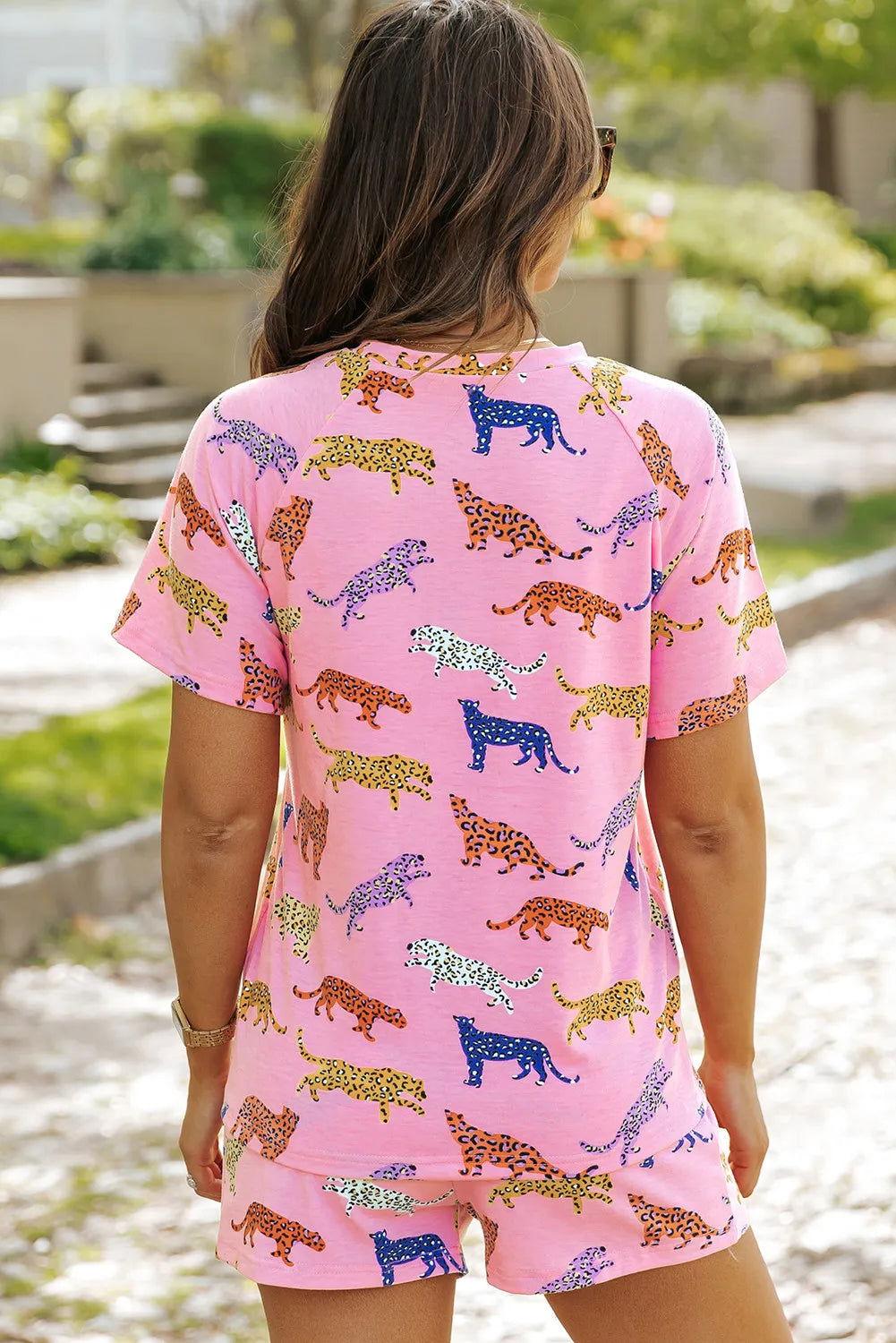 Animal Round Neck Top and Shorts Lounge Set - Clothes For Her Online Store