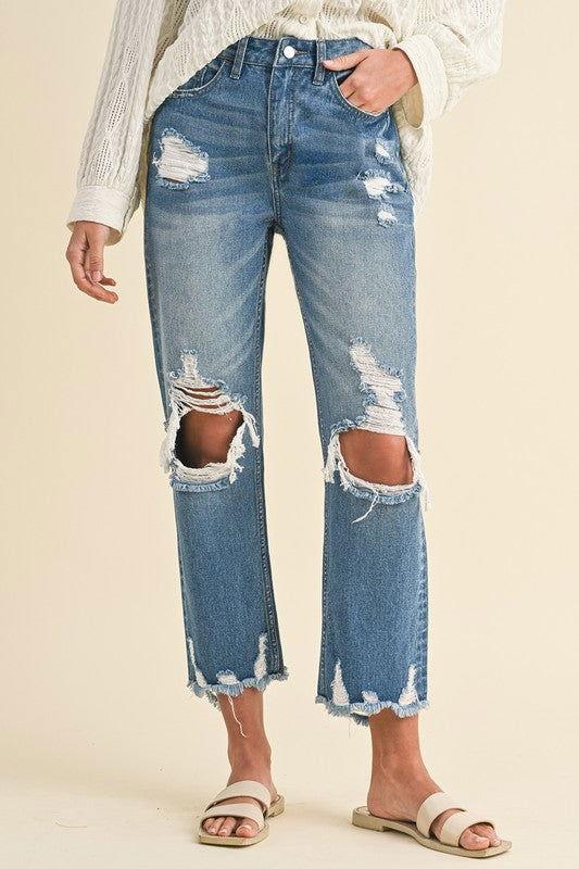 Annie Wear Distressed Raw Hem Cropped Jeans - Clothes For Her Online Store