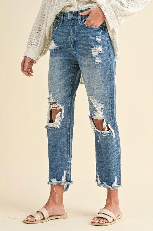 Annie Wear Distressed Raw Hem Cropped Jeans - Clothes For Her Online Store