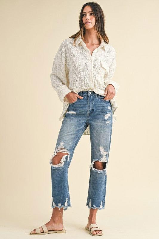 Annie Wear Distressed Raw Hem Cropped Jeans - Clothes For Her Online Store