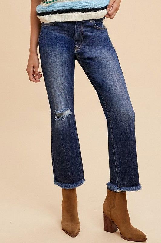 Annie Wear Distressed Raw Hem Straight Leg Cropped Jeans - Clothes For Her Online Store