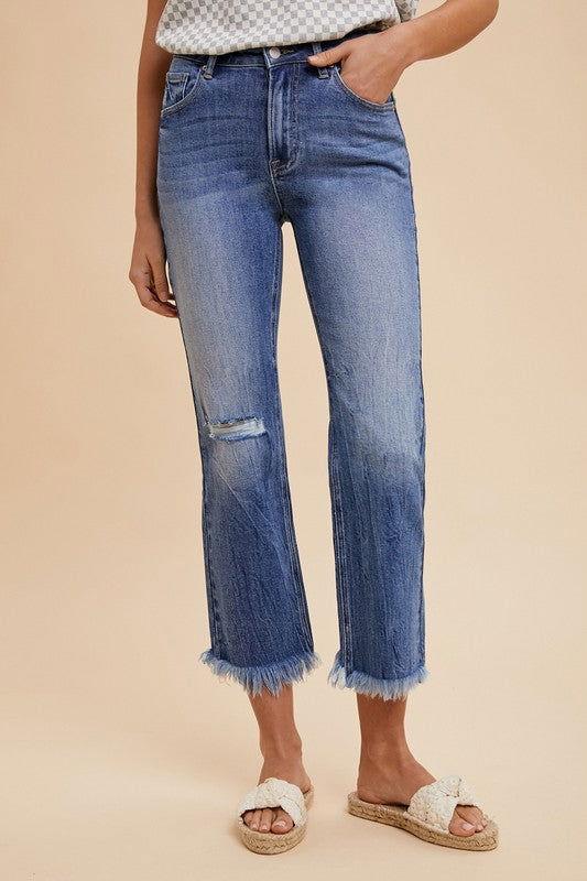 Annie Wear Distressed Raw Hem Straight Leg Cropped Jeans - Clothes For Her Online Store