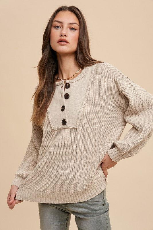 Annie Wear Half Button Ribbed Hem Sweater - Clothes For Her Online Store