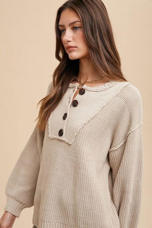 Annie Wear Half Button Ribbed Hem Sweater - Clothes For Her Online Store