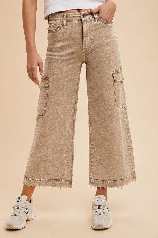 Annie Wear Raw Hem Wide Leg Jeans with Cargo Pockets - Clothes For Her Online Store