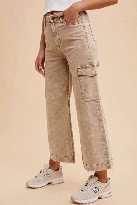 Annie Wear Raw Hem Wide Leg Jeans with Cargo Pockets - Clothes For Her Online Store