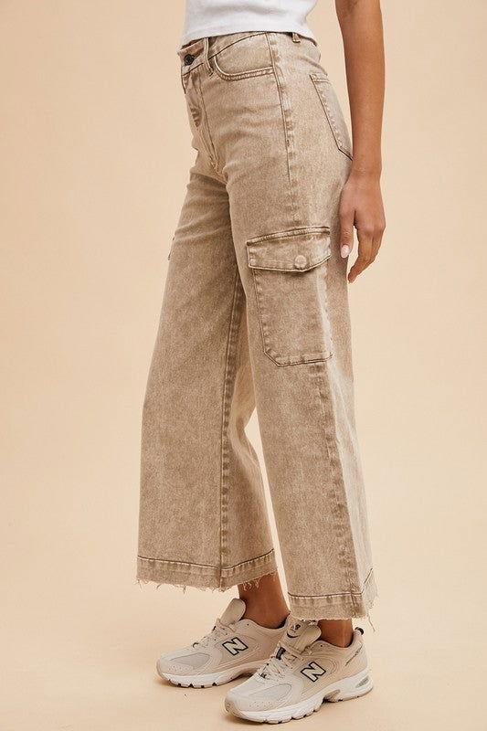 Annie Wear Raw Hem Wide Leg Jeans with Cargo Pockets - Clothes For Her Online Store