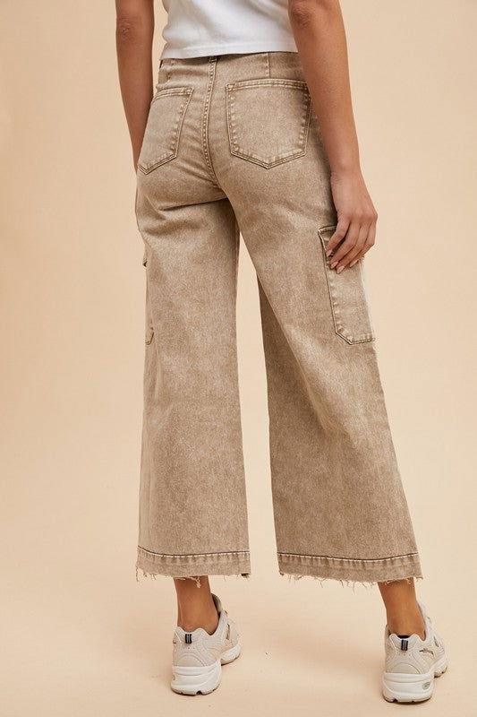 Annie Wear Raw Hem Wide Leg Jeans with Cargo Pockets - Clothes For Her Online Store