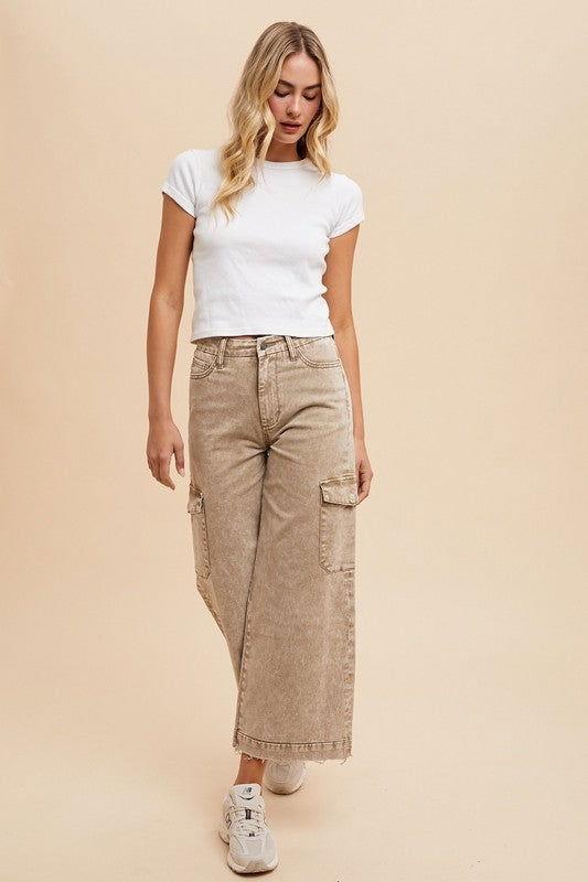 Annie Wear Raw Hem Wide Leg Jeans with Cargo Pockets - Clothes For Her Online Store