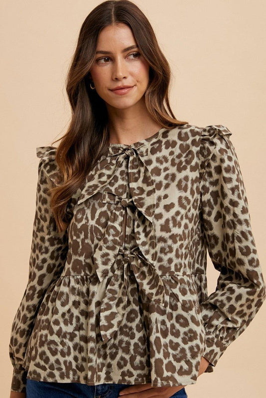 Annie Wear Tied Leopard Round Neck Peplum Blouse - Clothes For Her Online Store