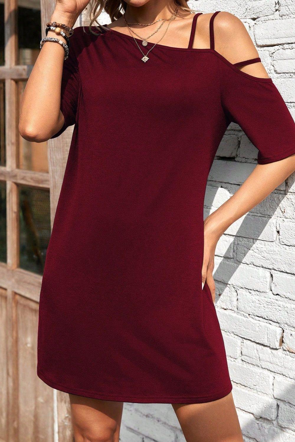 Asymmetrical Neck Half Sleeve Mini Dress - Clothes For Her Online Store
