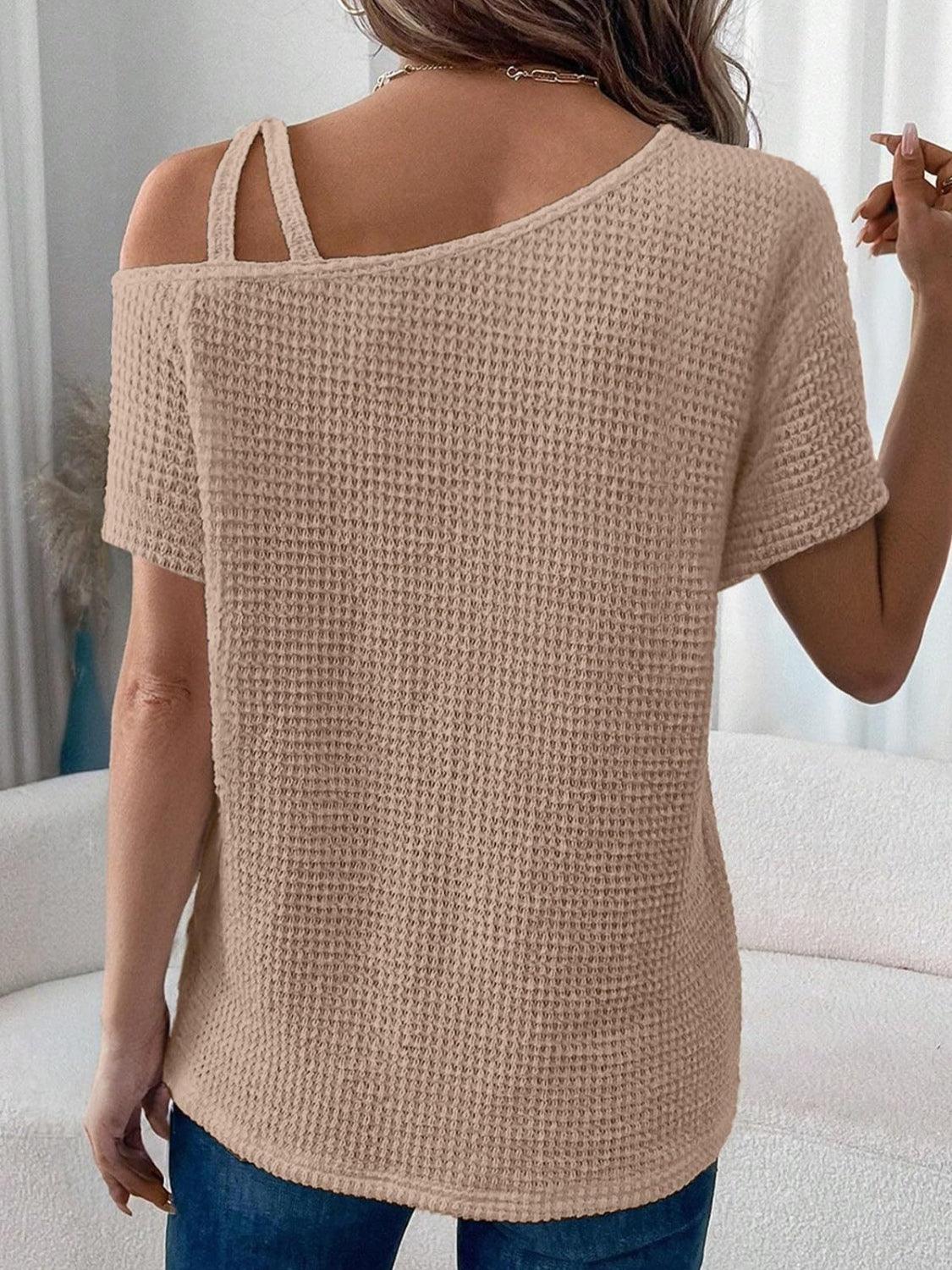 Asymmetrical Neck Short Sleeve T-Shirt - Clothes For Her Online Store