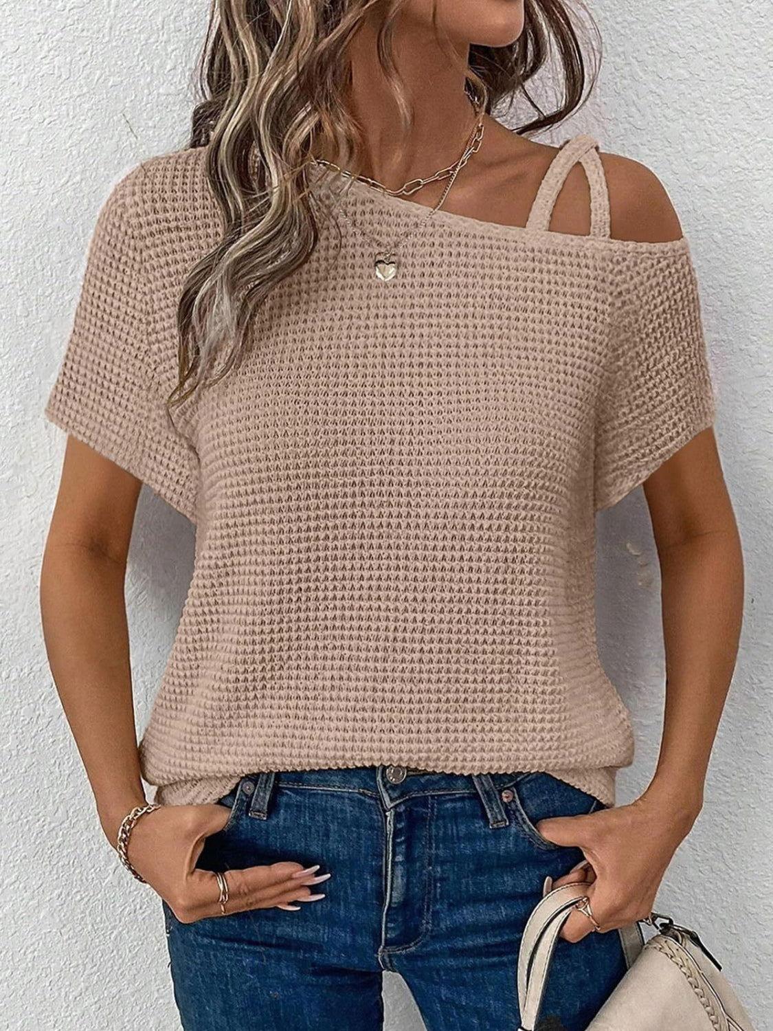 Asymmetrical Neck Short Sleeve T-Shirt - Clothes For Her Online Store