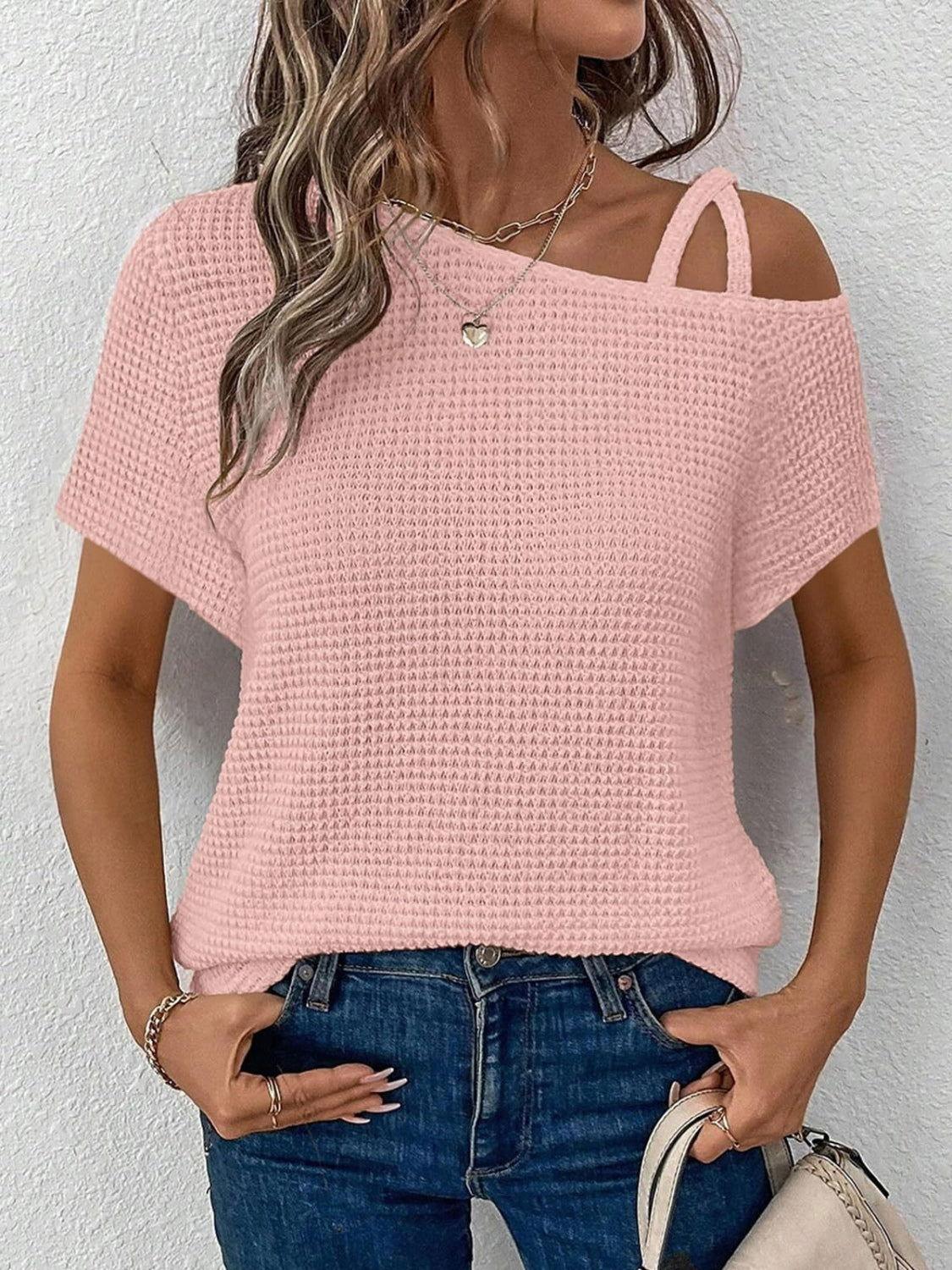 Asymmetrical Neck Short Sleeve T-Shirt - Clothes For Her Online Store