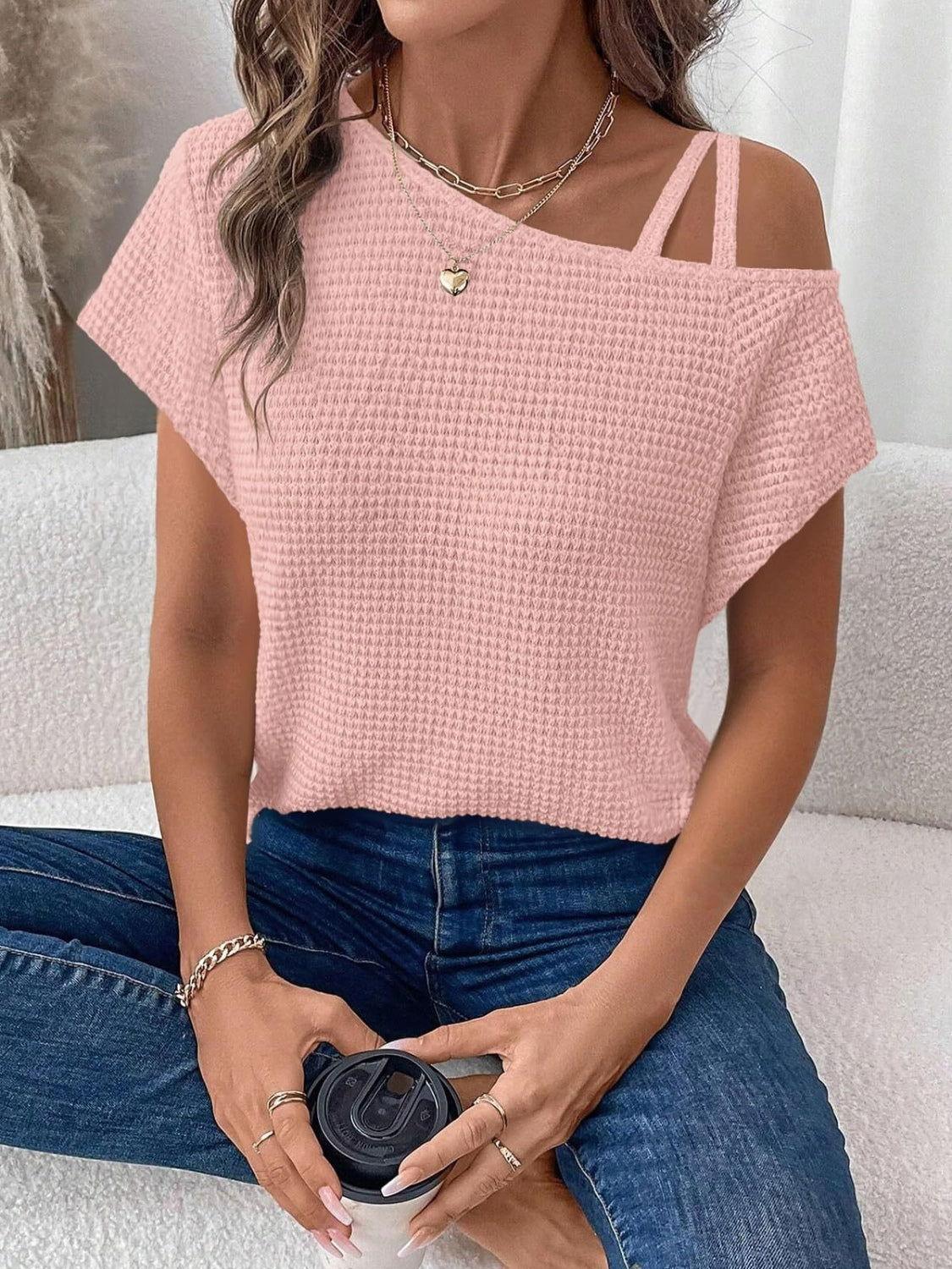 Asymmetrical Neck Short Sleeve T-Shirt - Clothes For Her Online Store