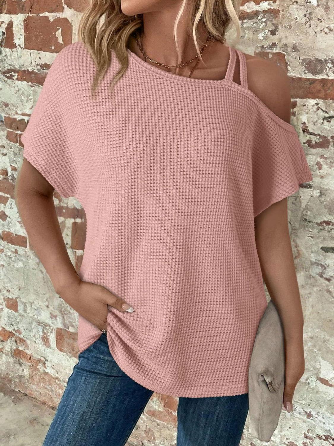 Asymmetrical Neck Short Sleeve T-Shirt - Clothes For Her Online Store