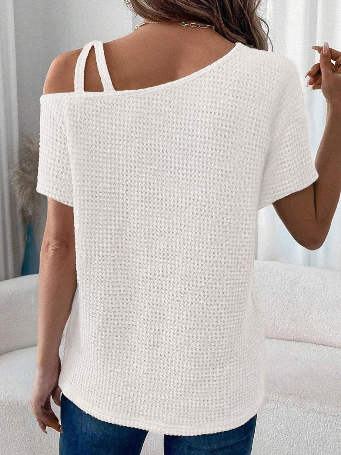 Asymmetrical Neck Short Sleeve T-Shirt - Clothes For Her Online Store