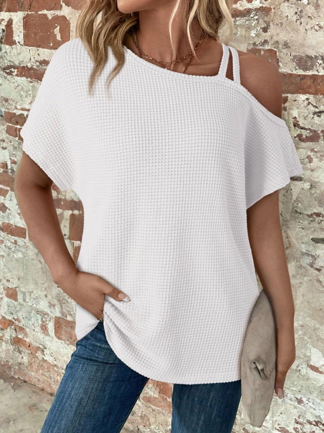 Asymmetrical Neck Short Sleeve T-Shirt - Clothes For Her Online Store