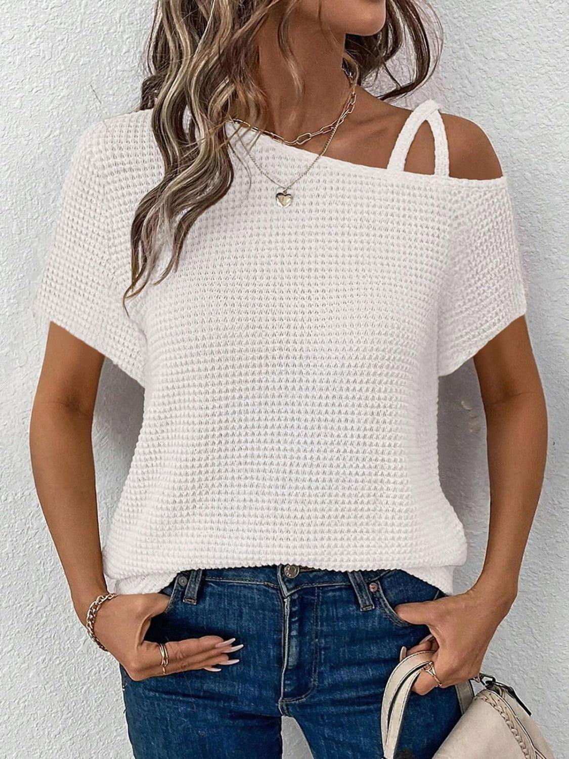 Asymmetrical Neck Short Sleeve T-Shirt - Clothes For Her Online Store