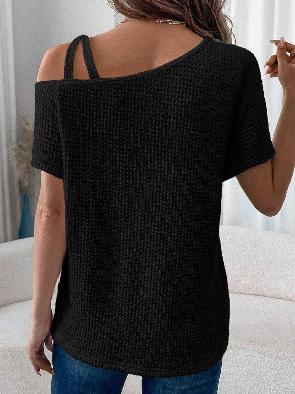 Asymmetrical Neck Short Sleeve T-Shirt - Clothes For Her Online Store