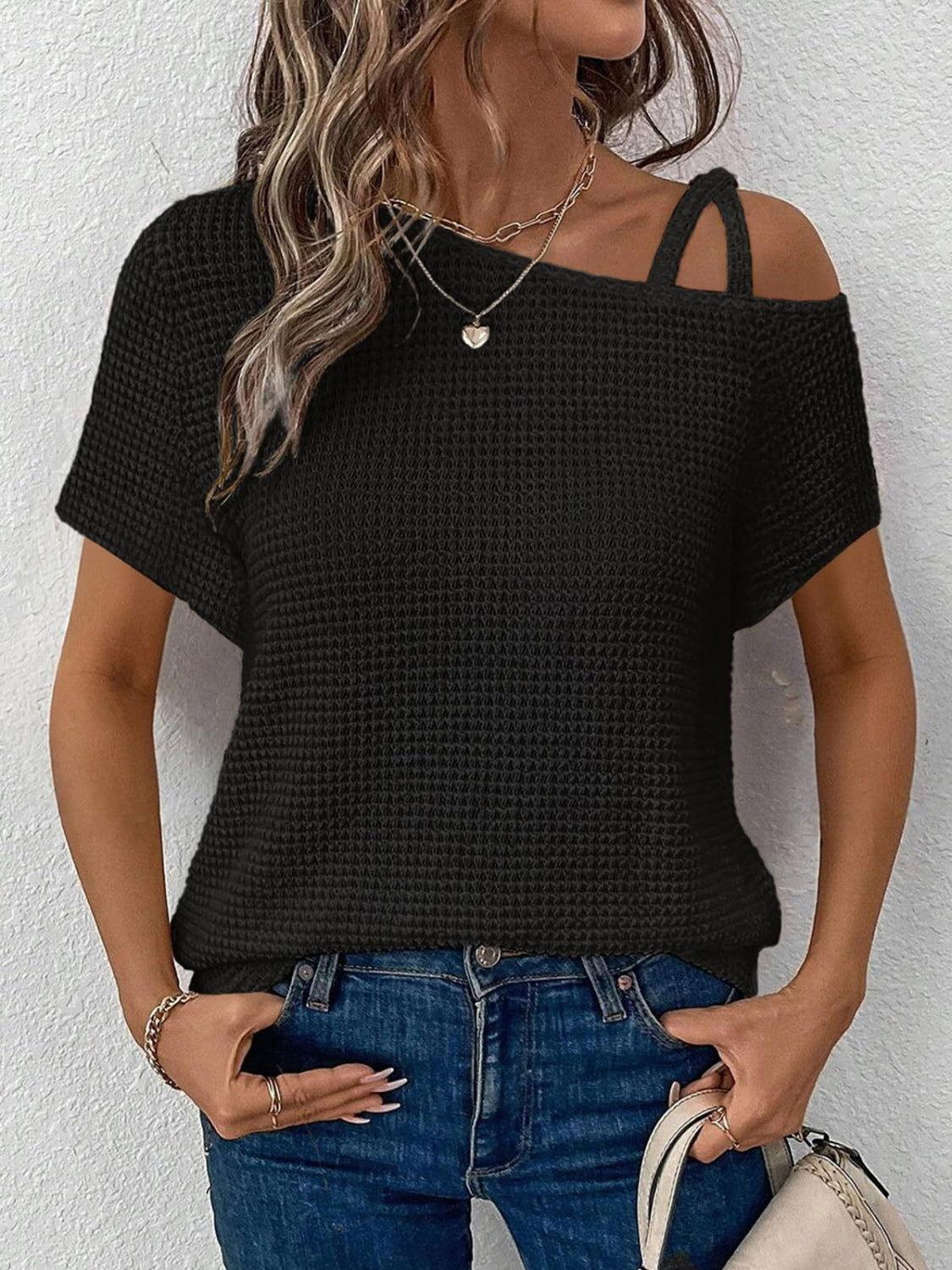 Asymmetrical Neck Short Sleeve T-Shirt - Clothes For Her Online Store