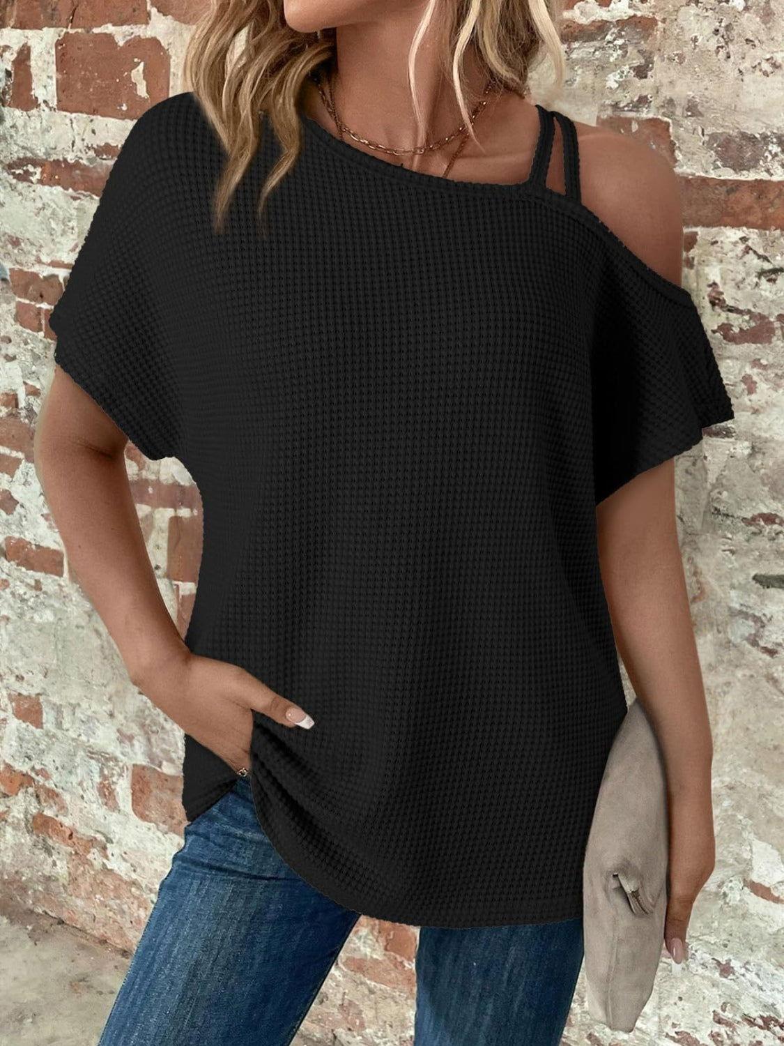 Asymmetrical Neck Short Sleeve T-Shirt - Clothes For Her Online Store