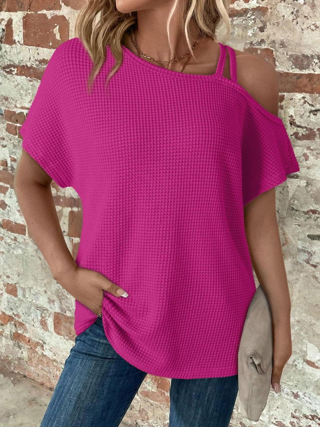 Asymmetrical Neck Short Sleeve T-Shirt - Clothes For Her Online Store
