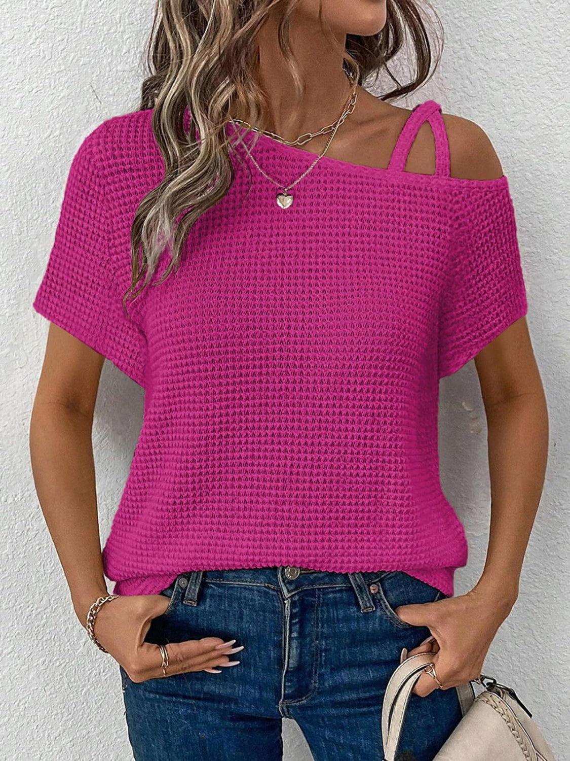 Asymmetrical Neck Short Sleeve T-Shirt - Clothes For Her Online Store