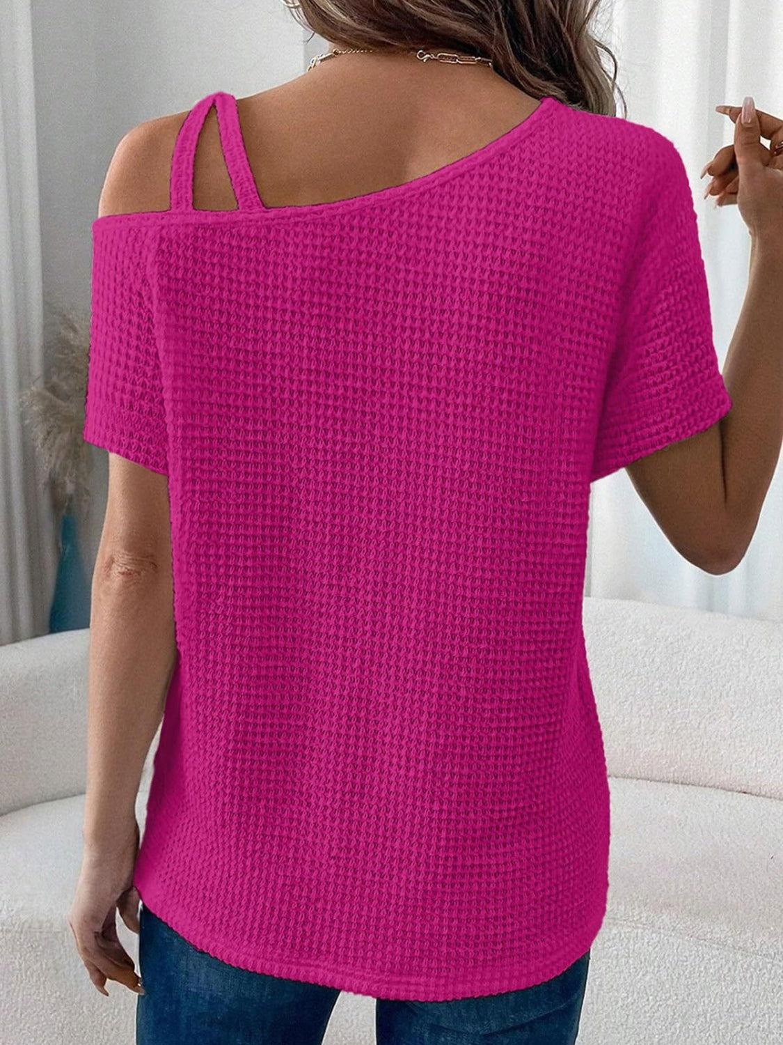 Asymmetrical Neck Short Sleeve T-Shirt - Clothes For Her Online Store