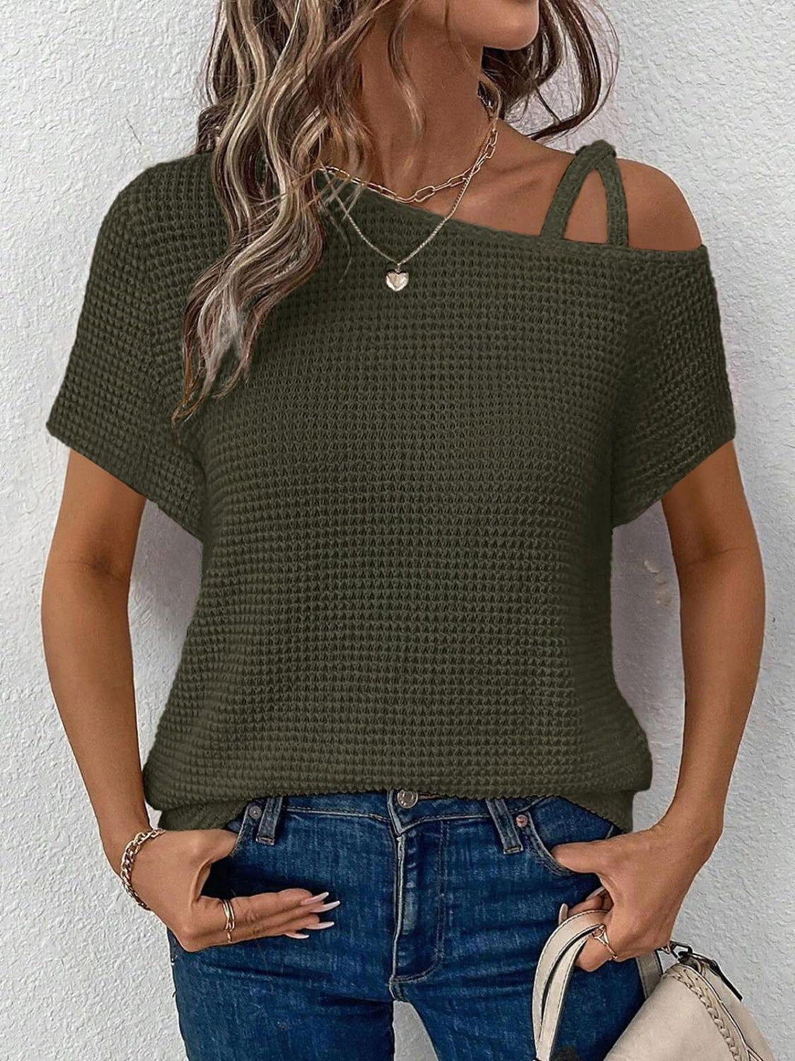 Asymmetrical Neck Short Sleeve T-Shirt - Clothes For Her Online Store